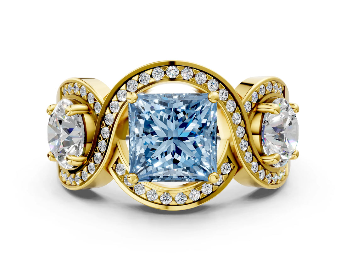 Yellow gold Three-Stone Fancy Blue Princess Cut Diamond Wave Pave Band with Prong Setting