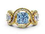 Yellow gold Three-Stone Fancy Blue Princess Cut Diamond Wave Pave Band with Prong Setting