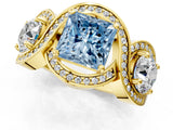 Yellow gold Three-Stone Fancy Blue Princess Cut Diamond Wave Pave Band with Prong Setting_1