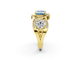 Yellow gold Three-Stone Fancy Blue Princess Cut Diamond Wave Pave Band with Prong Setting_2