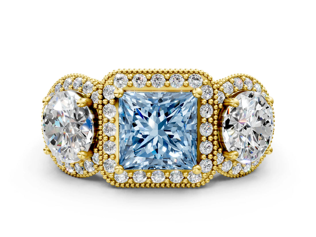 Yellow gold Three-Stone Fancy Blue Princess Cut Halo Diamond Milgrain Band with Four-Prong Setting