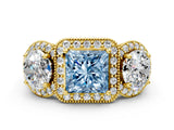 Yellow gold Three-Stone Fancy Blue Princess Cut Halo Diamond Milgrain Band with Four-Prong Setting