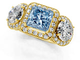 Yellow gold Three-Stone Fancy Blue Princess Cut Halo Diamond Milgrain Band with Four-Prong Setting_1