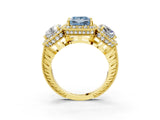 Yellow gold Three-Stone Fancy Blue Princess Cut Halo Diamond Milgrain Band with Four-Prong Setting_3