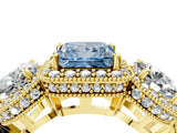 Yellow gold Three-Stone Fancy Blue Princess Cut Halo Diamond Milgrain Band with Four-Prong Setting_4