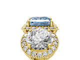 Yellow gold Three-Stone Fancy Blue Princess Cut Halo Diamond Milgrain Band with Four-Prong Setting_5