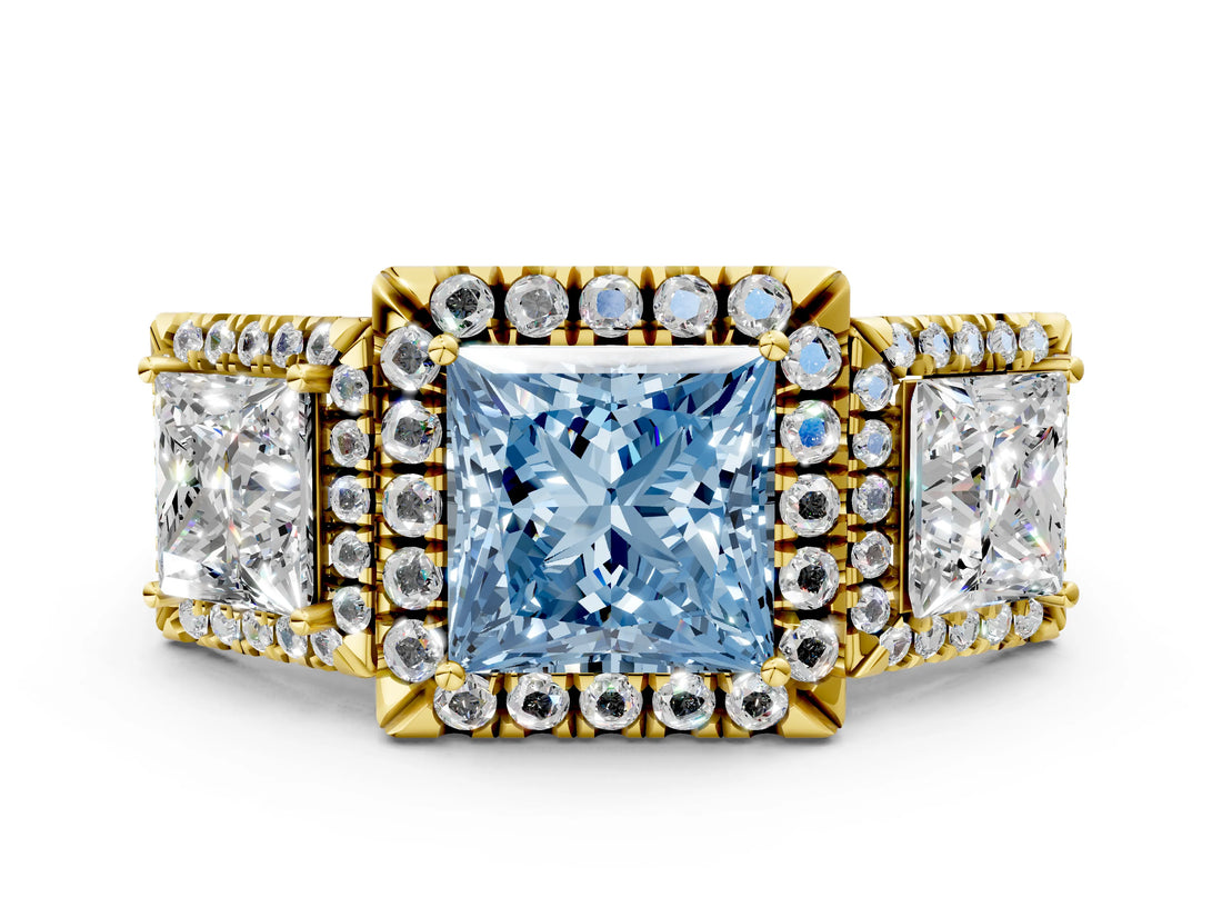 Yellow gold Three-Stone Fancy Blue Princess Cut Halo Diamond Ring with Pave Band and Four-Prong Setting