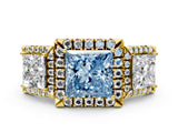 Yellow gold Three-Stone Fancy Blue Princess Cut Halo Diamond Ring with Pave Band and Four-Prong Setting