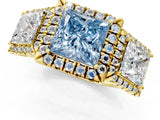 Yellow gold Three-Stone Fancy Blue Princess Cut Halo Diamond Ring with Pave Band and Four-Prong Setting_1