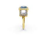 Yellow gold Three-Stone Fancy Blue Princess Cut Halo Diamond Ring with Pave Band and Four-Prong Setting_2