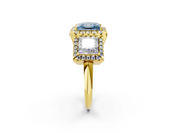 Yellow gold Three-Stone Fancy Blue Princess Cut Halo Diamond Ring with Pave Band and Four-Prong Setting