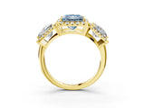 Yellow gold Three-Stone Fancy Blue Princess Cut Halo Diamond Ring with Pave Band and Four-Prong Setting_3