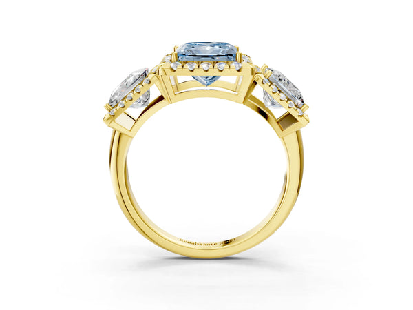 Yellow gold Three-Stone Fancy Blue Princess Cut Halo Diamond Ring with Pave Band and Four-Prong Setting