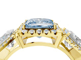 Yellow gold Three-Stone Fancy Blue Princess Cut Halo Diamond Ring with Pave Band and Four-Prong Setting_4