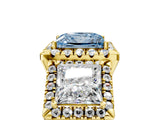 Yellow gold Three-Stone Fancy Blue Princess Cut Halo Diamond Ring with Pave Band and Four-Prong Setting_5
