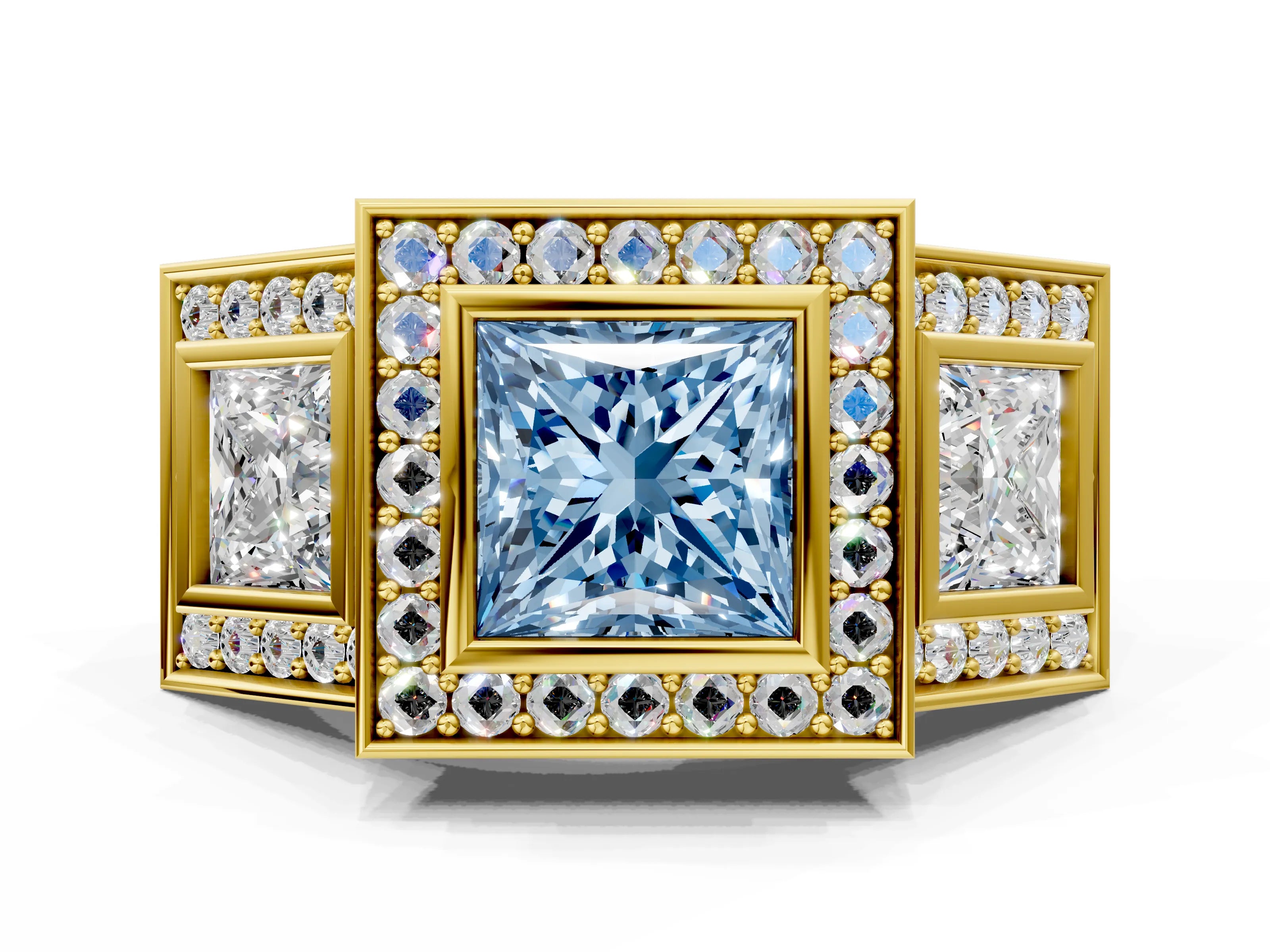 Yellow gold Three-Stone Fancy Blue Princess Cut Halo Pavé Diamond Ring