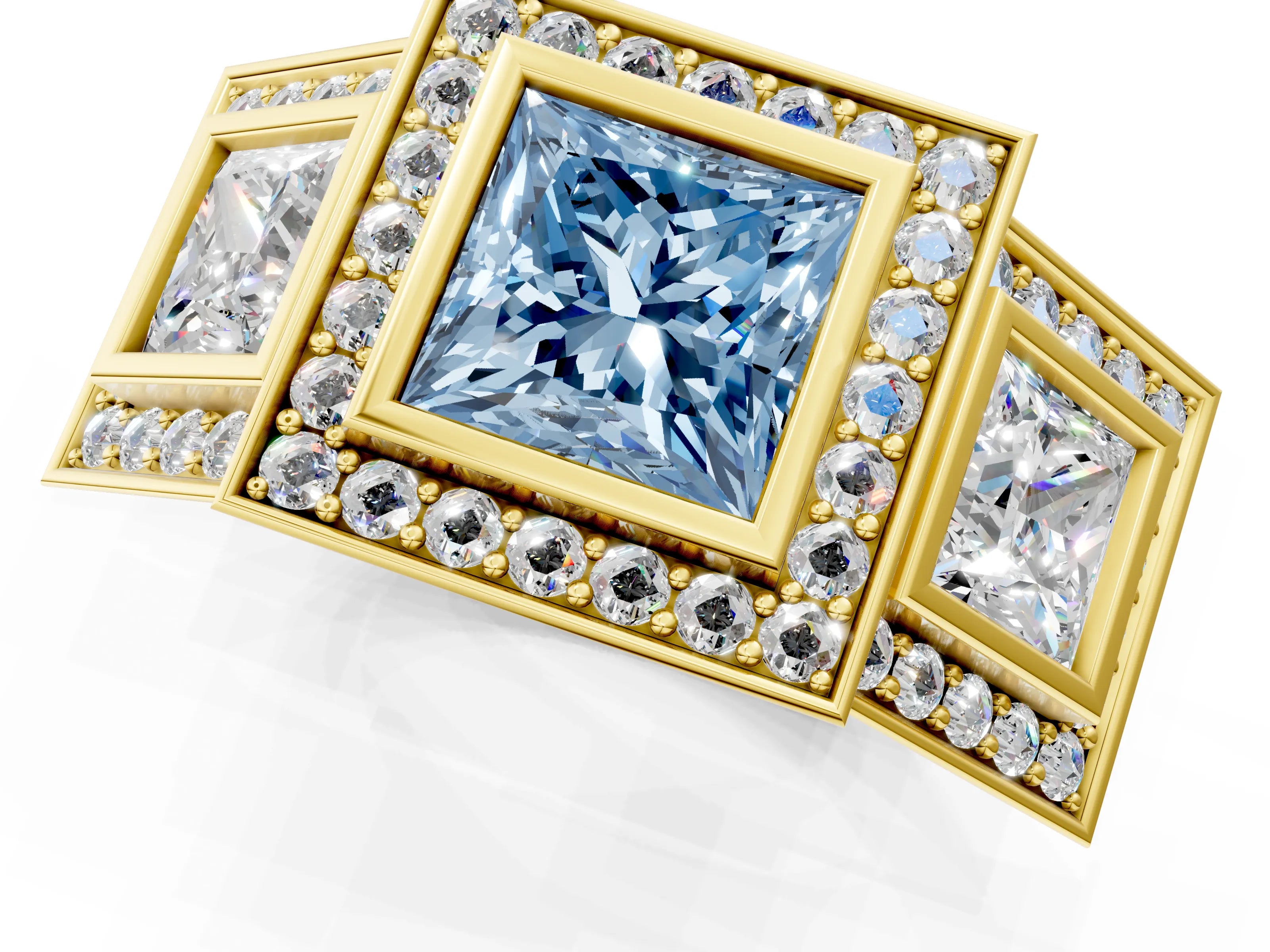 Yellow gold Three-Stone Fancy Blue Princess Cut Halo Pavé Diamond Ring_1