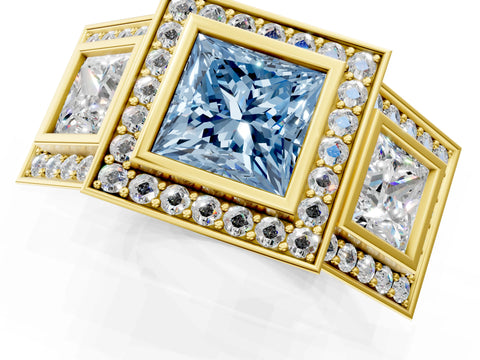 Yellow gold Three-Stone Fancy Blue Princess Cut Halo Pavé Diamond Ring_1