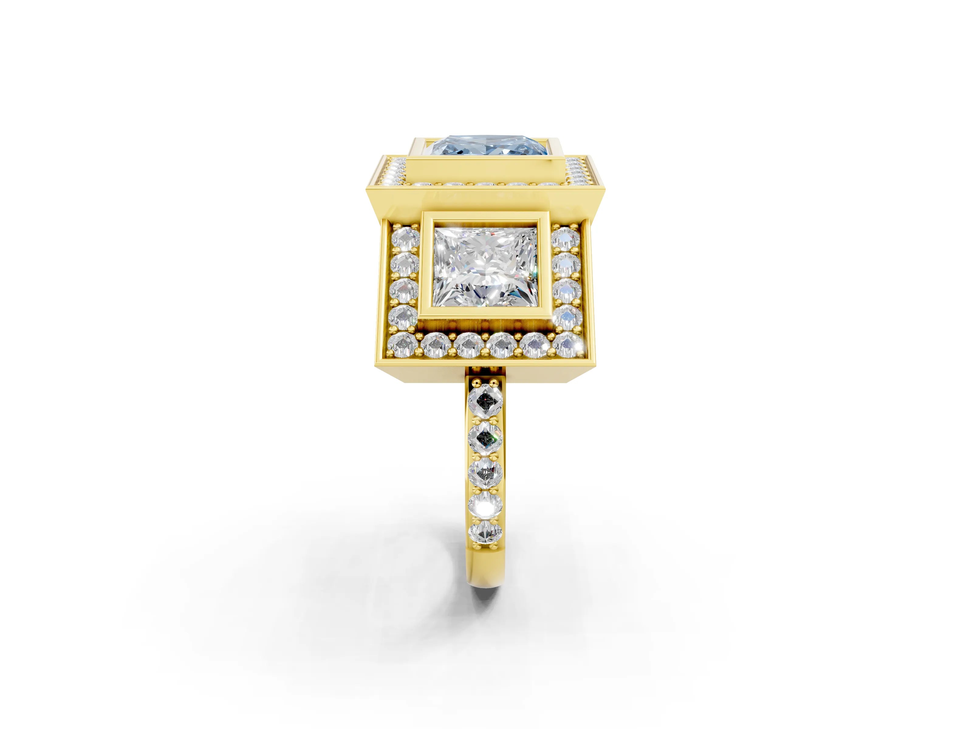 Yellow gold Three-Stone Fancy Blue Princess Cut Halo Pavé Diamond Ring_2