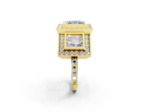 Yellow gold Three-Stone Fancy Blue Princess Cut Halo Pavé Diamond Ring_2