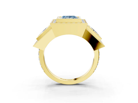 Yellow gold Three-Stone Fancy Blue Princess Cut Halo Pavé Diamond Ring_3