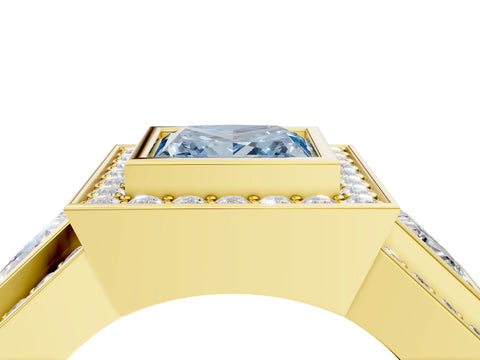Yellow gold Three-Stone Fancy Blue Princess Cut Halo Pavé Diamond Ring_4