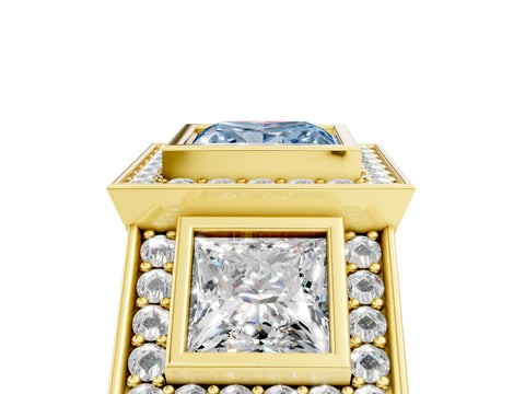Yellow gold Three-Stone Fancy Blue Princess Cut Halo Pavé Diamond Ring_5