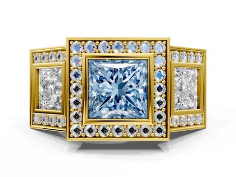 Yellow gold Three-Stone Fancy Blue Princess Cut Halo Pavé Diamond Ring