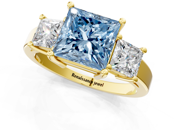 Yellow gold Three-Stone Fancy Blue Princess  Cut Solitaire Ring with Prong Setting