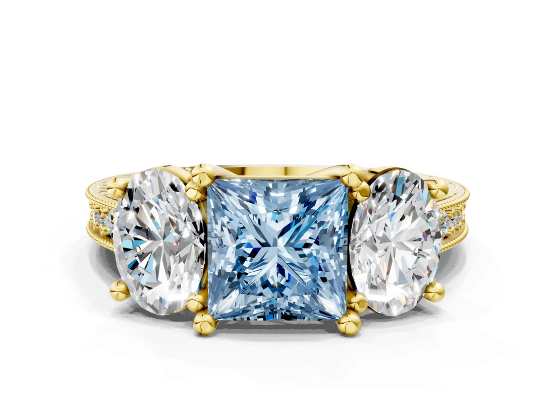 Yellow gold Three-Stone Fancy Blue Princess  Diamond Milgrain Pave Band with Prong Setting 1