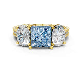 Yellow gold Three-Stone Fancy Blue Princess  Diamond Milgrain Pave Band with Prong Setting 1