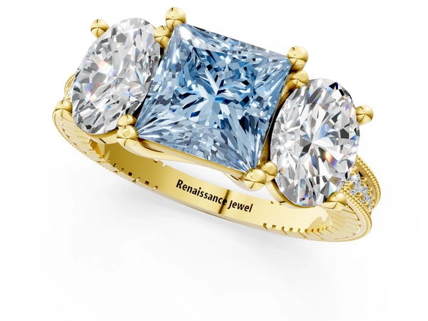 Yellow gold Three-Stone Fancy Blue Princess  Diamond Milgrain Pave Band with Prong Setting