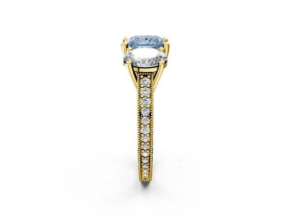 Yellow gold Three-Stone Fancy Blue Princess  Diamond Milgrain Pave Band with Prong Setting