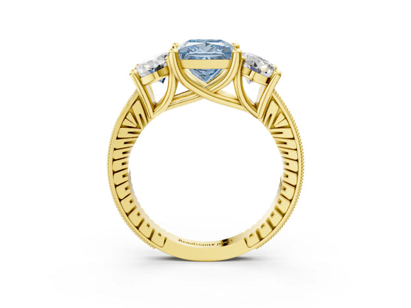 Yellow gold Three-Stone Fancy Blue Princess  Diamond Milgrain Pave Band with Prong Setting