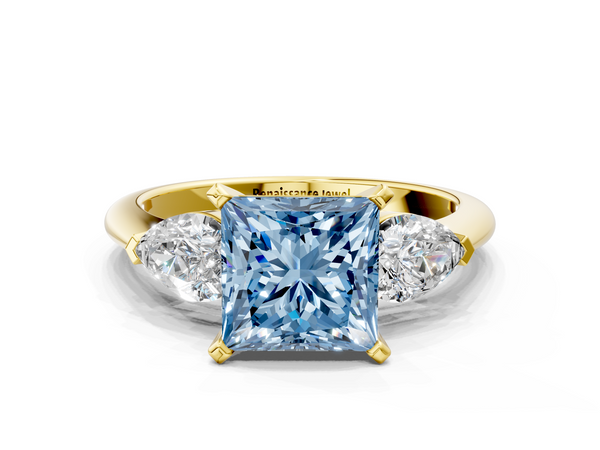 Yellow gold Three-Stone Fancy Blue Princess Cut Diamond Ring with Pear Side Stones and Four-Prong Setting