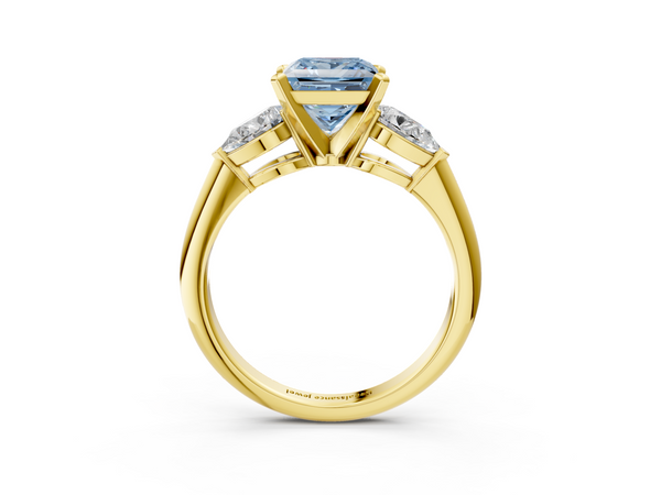 Yellow gold Three-Stone Fancy Blue Princess Cut Diamond Ring with Pear Side Stones and Four-Prong Setting