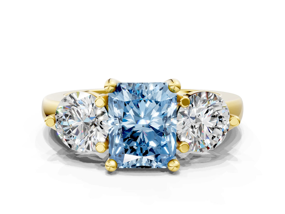 Yellow gold Three-Stone Fancy Blue Radiant  Brilliant Cut Solitaire Ring with Prong Setting on a Classic Band 1