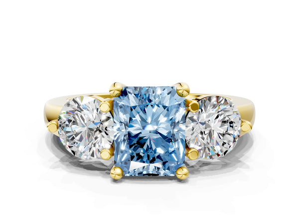 Yellow Gold Radiant Cut Classic Three Stone Engagement Ring Setting for Fancy Blue Center