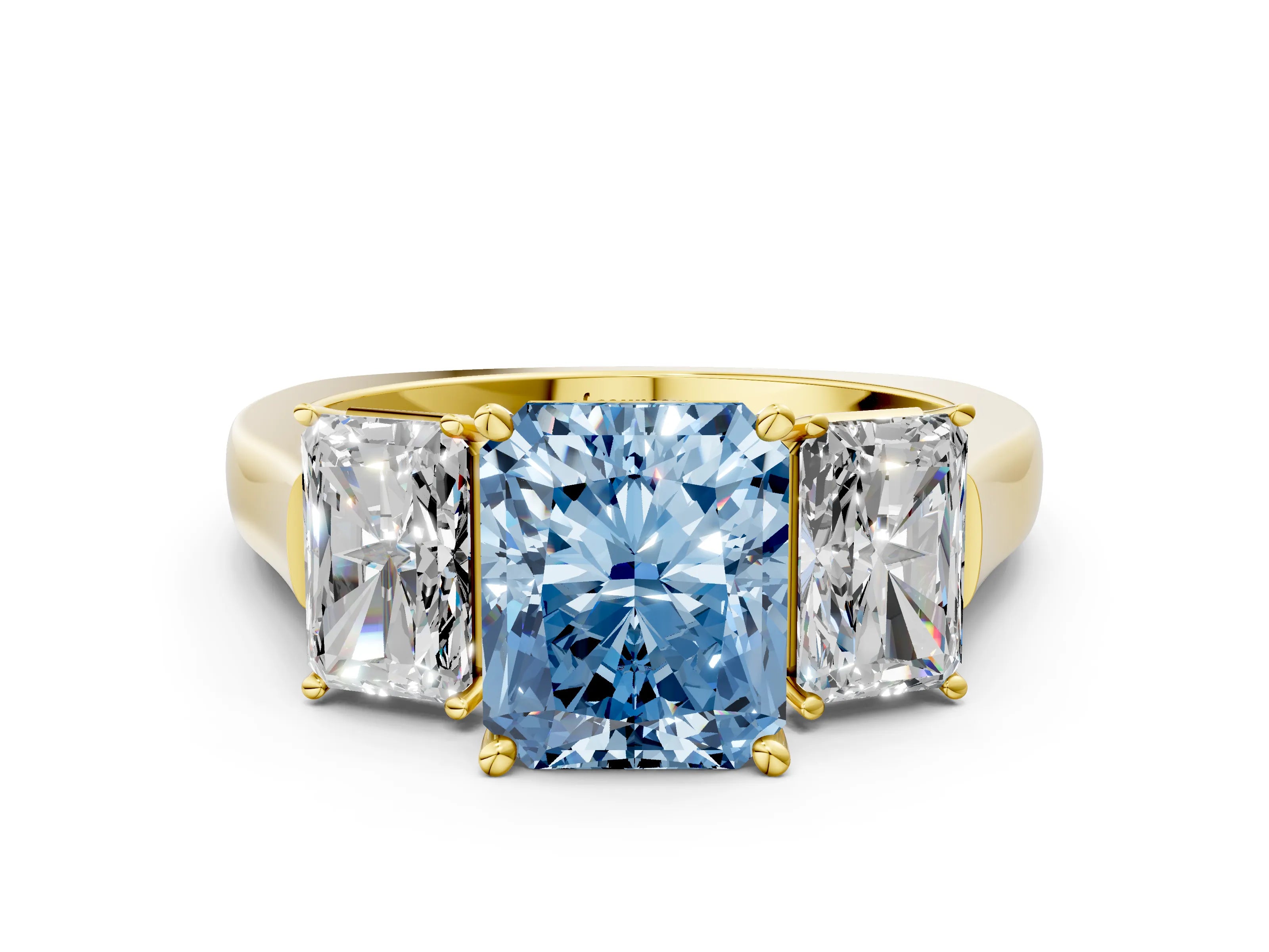 Yellow gold Three-Stone Fancy Blue Radiant Cut Brilliant Diamond Trellis Ring with Comfort Fit Band