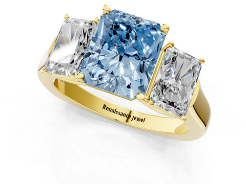 Yellow gold Three-Stone Fancy Blue Radiant Cut Brilliant Diamond Trellis Ring with Comfort Fit Band_1