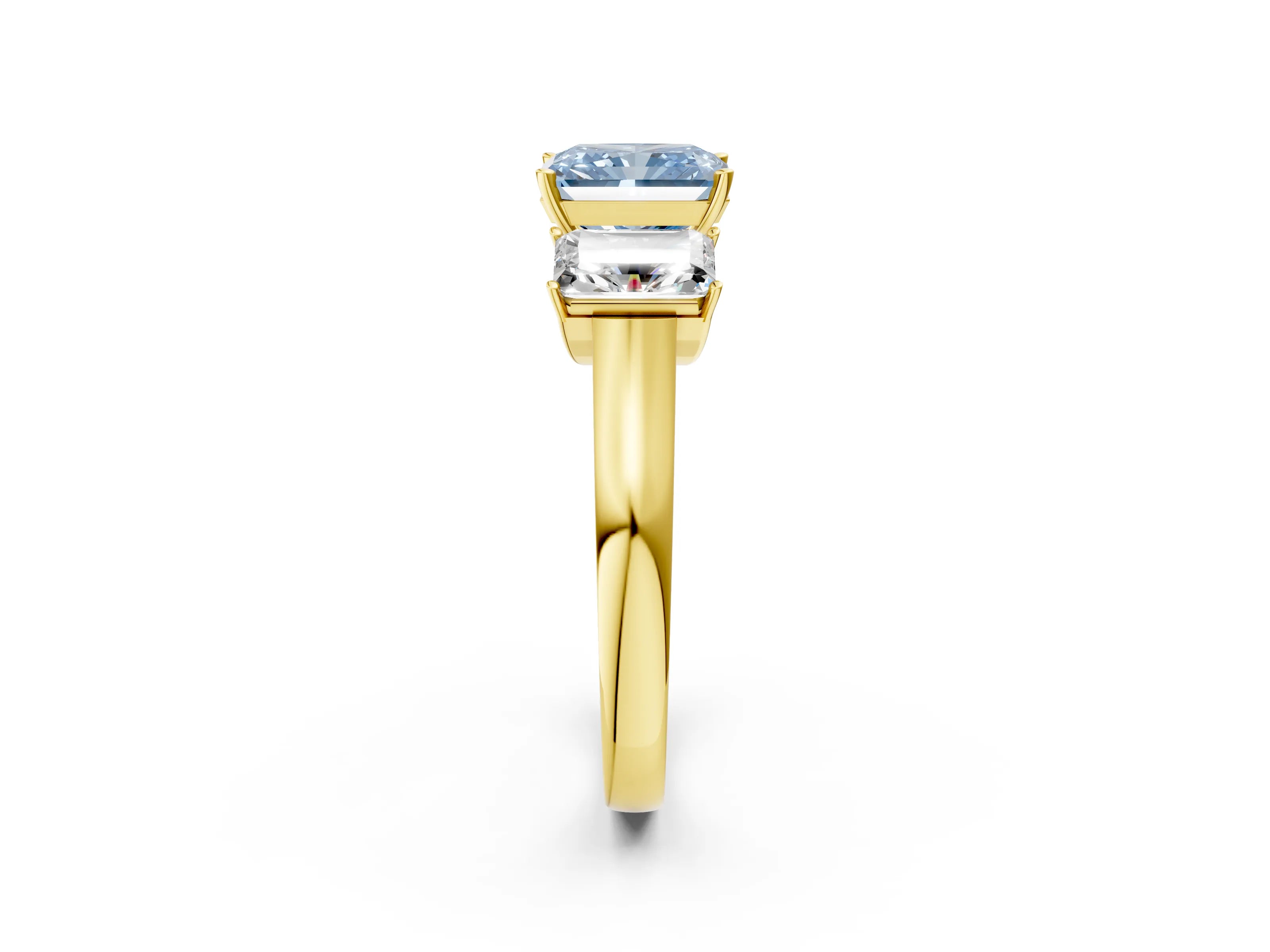 Yellow gold Three-Stone Fancy Blue Radiant Cut Brilliant Diamond Trellis Ring with Comfort Fit Band_2