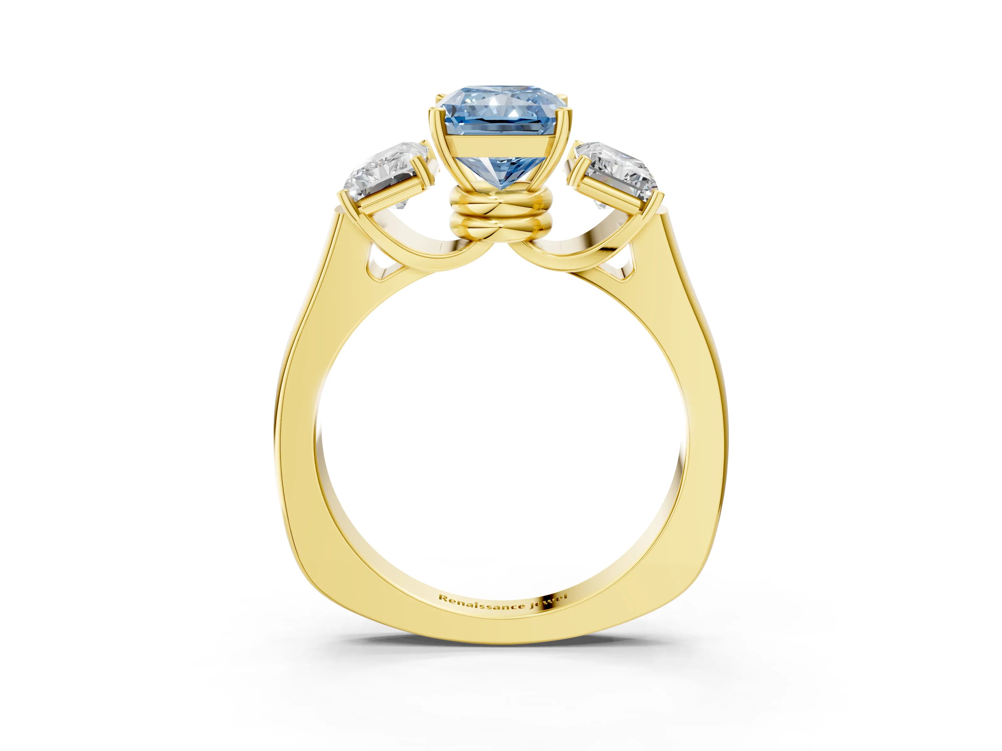 Yellow gold Three-Stone Fancy Blue Radiant Cut Brilliant Diamond Trellis Ring with Comfort Fit Band_3