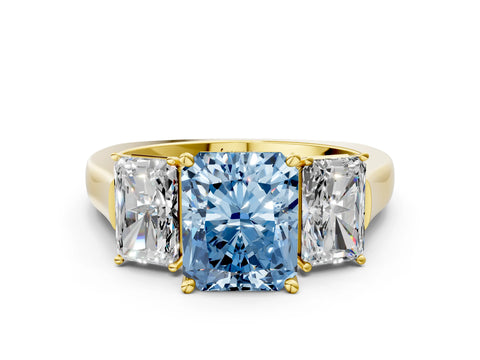 Yellow gold Three-Stone Fancy Blue Radiant Cut Brilliant Diamond Trellis Ring with Comfort Fit Band