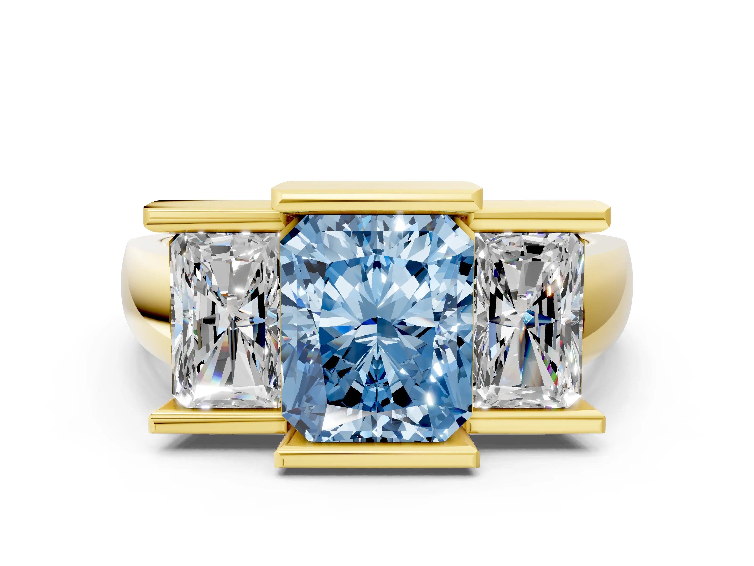 Yellow gold Three Stone Fancy Blue Radiant Cut Cut Channel Set Diamond Ring