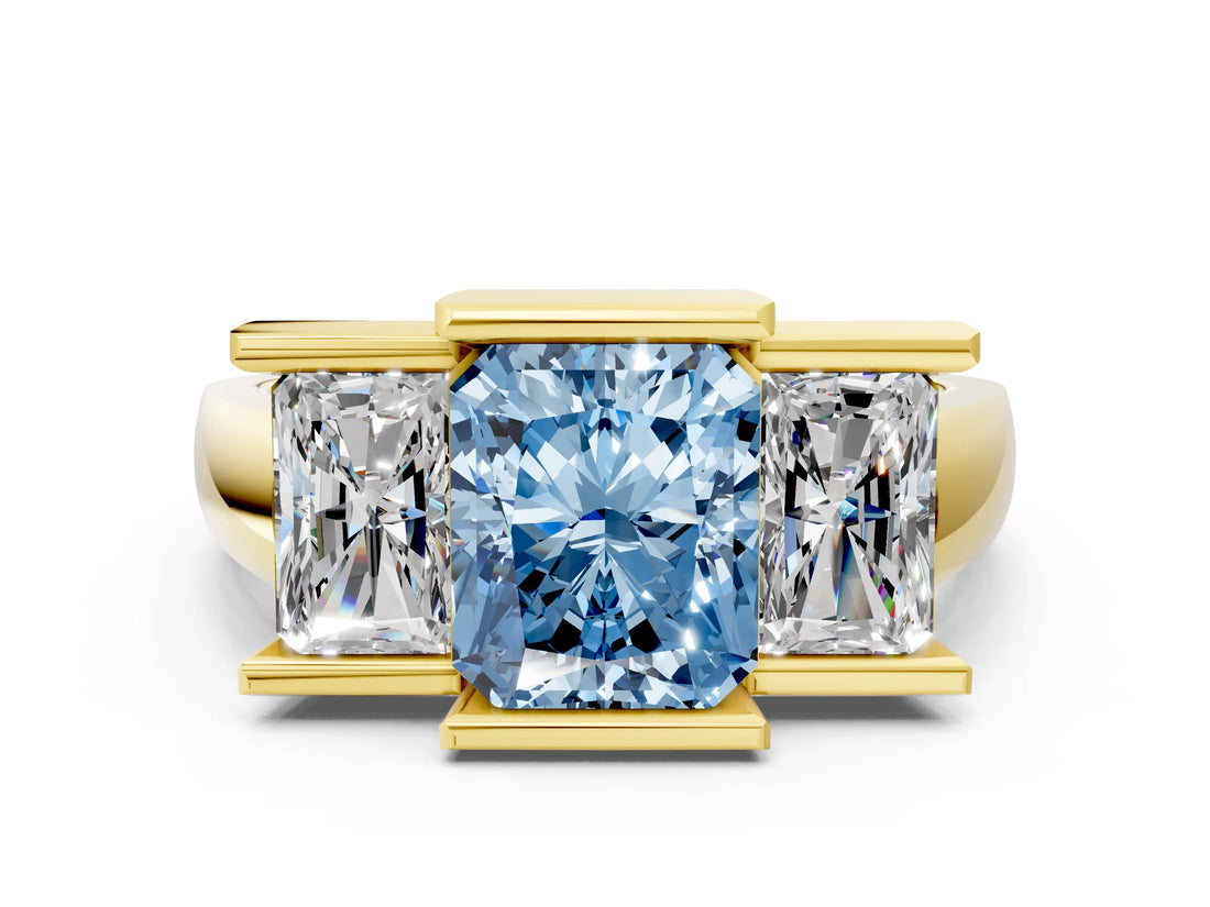 Yellow gold Three Stone Fancy Blue Radiant Cut Cut Channel Set Diamond Ring