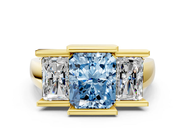 Yellow gold Three Stone Fancy Blue Radiant Cut Cut Channel Set Diamond Ring