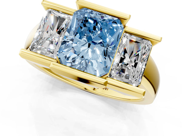 Yellow gold Three Stone Fancy Blue Radiant Cut Cut Channel Set Diamond Ring