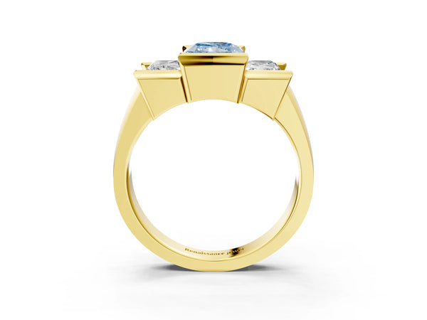 Yellow gold Three Stone Fancy Blue Radiant Cut Cut Channel Set Diamond Ring