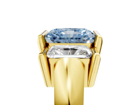 Yellow gold Three Stone Fancy Blue Radiant Cut Cut Channel Set Diamond Ring_5