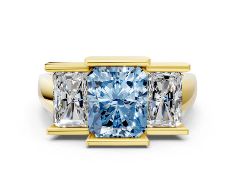 Yellow gold Three Stone Fancy Blue Radiant Cut Cut Channel Set Diamond Ring